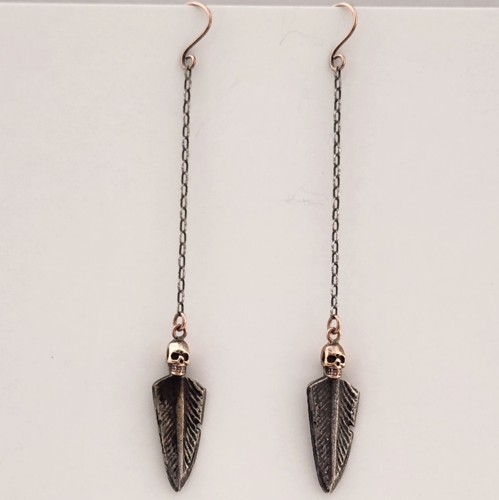 Long Skull and Feather Chain Earrings